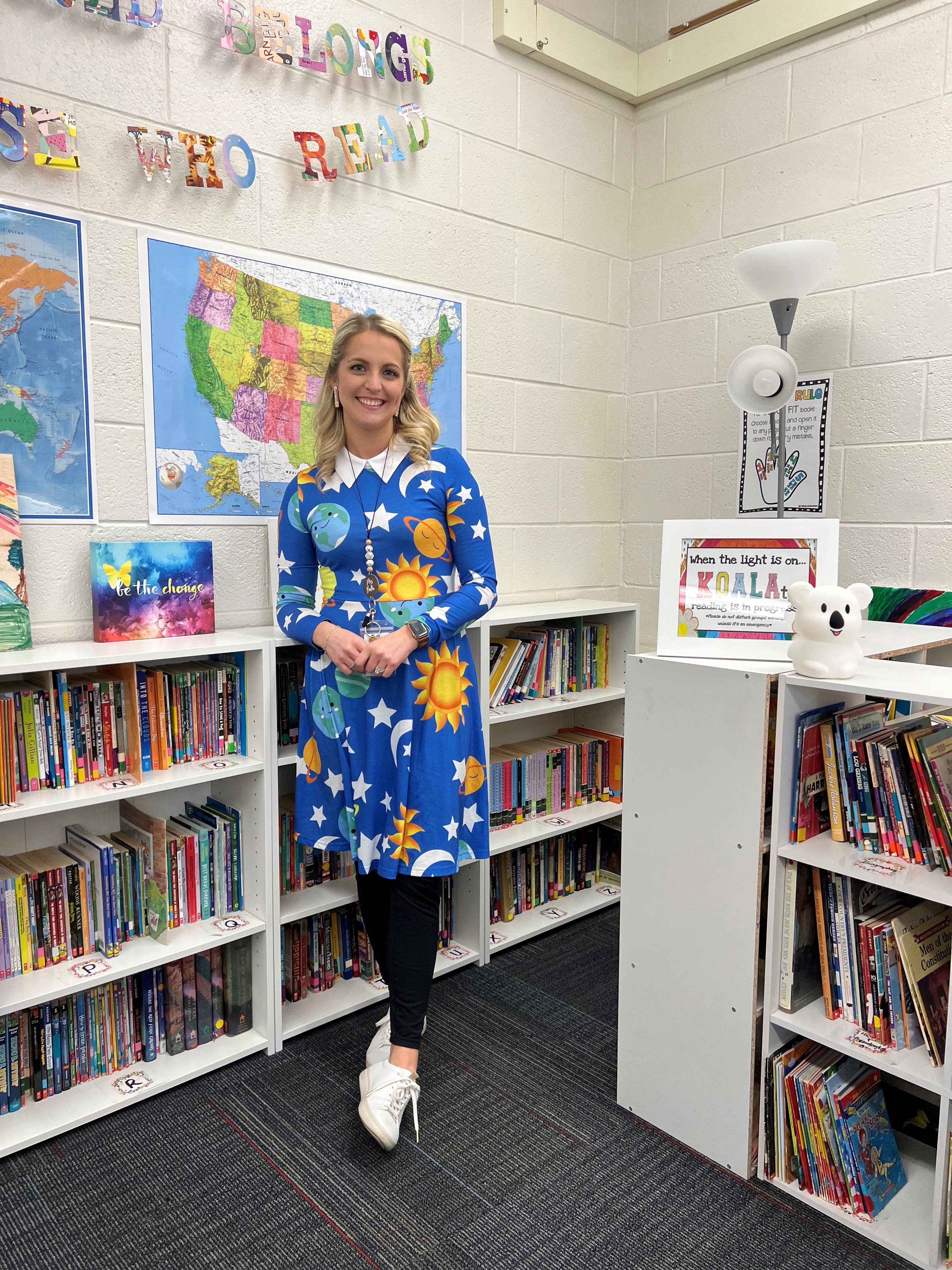 Photo of MEA member Becca Budka, Fourth Grade Teacher, dressed as Ms. Frizzle for March is Reading Month book character day