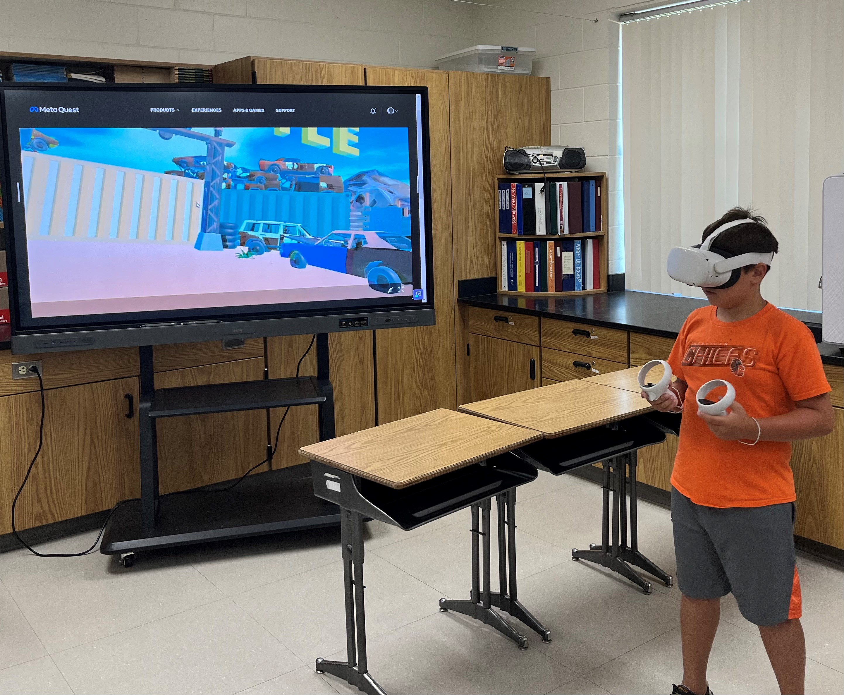 A photo of a student wearing a VR headset