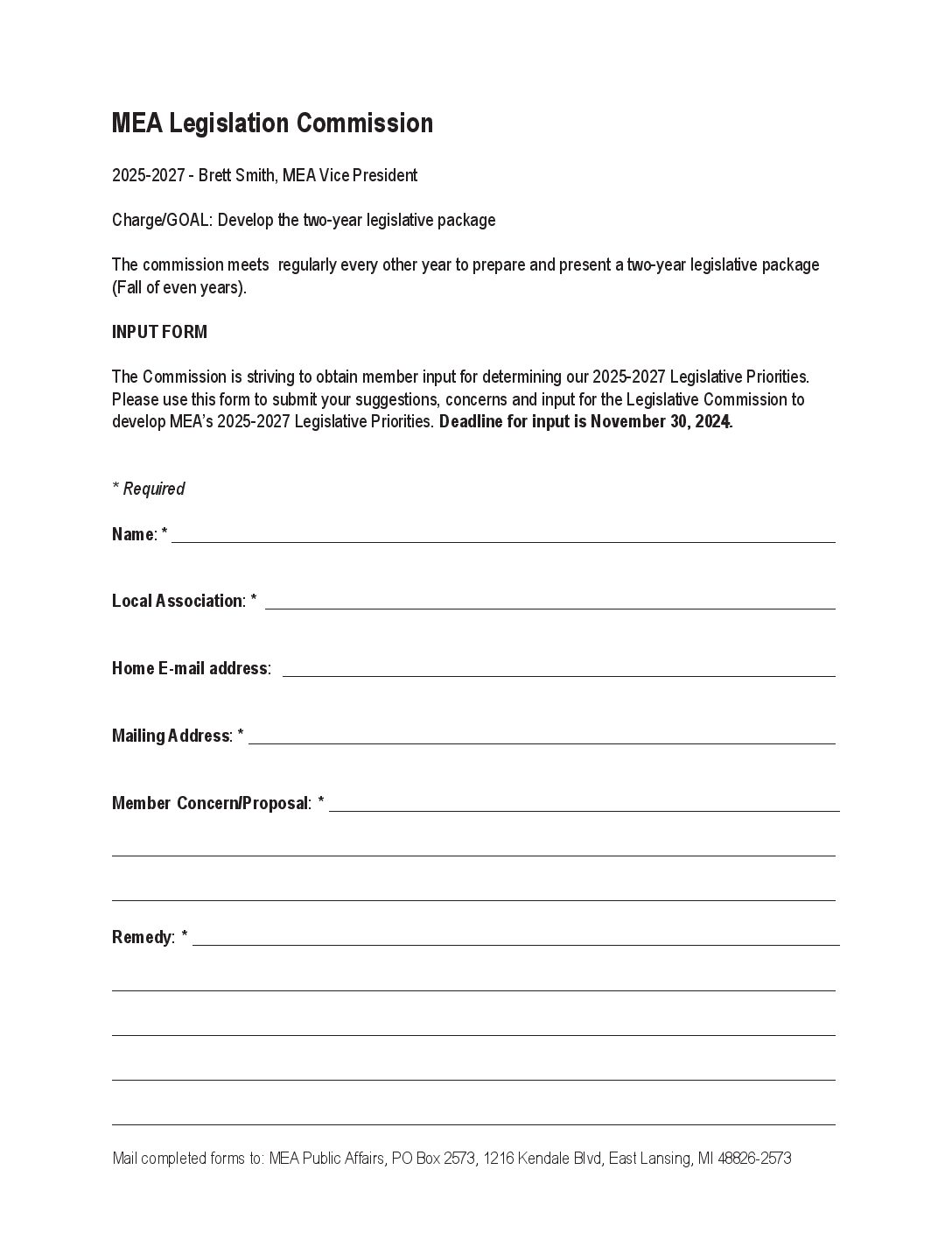 Legislation Comm Input Form 2024 - Michigan Education Association