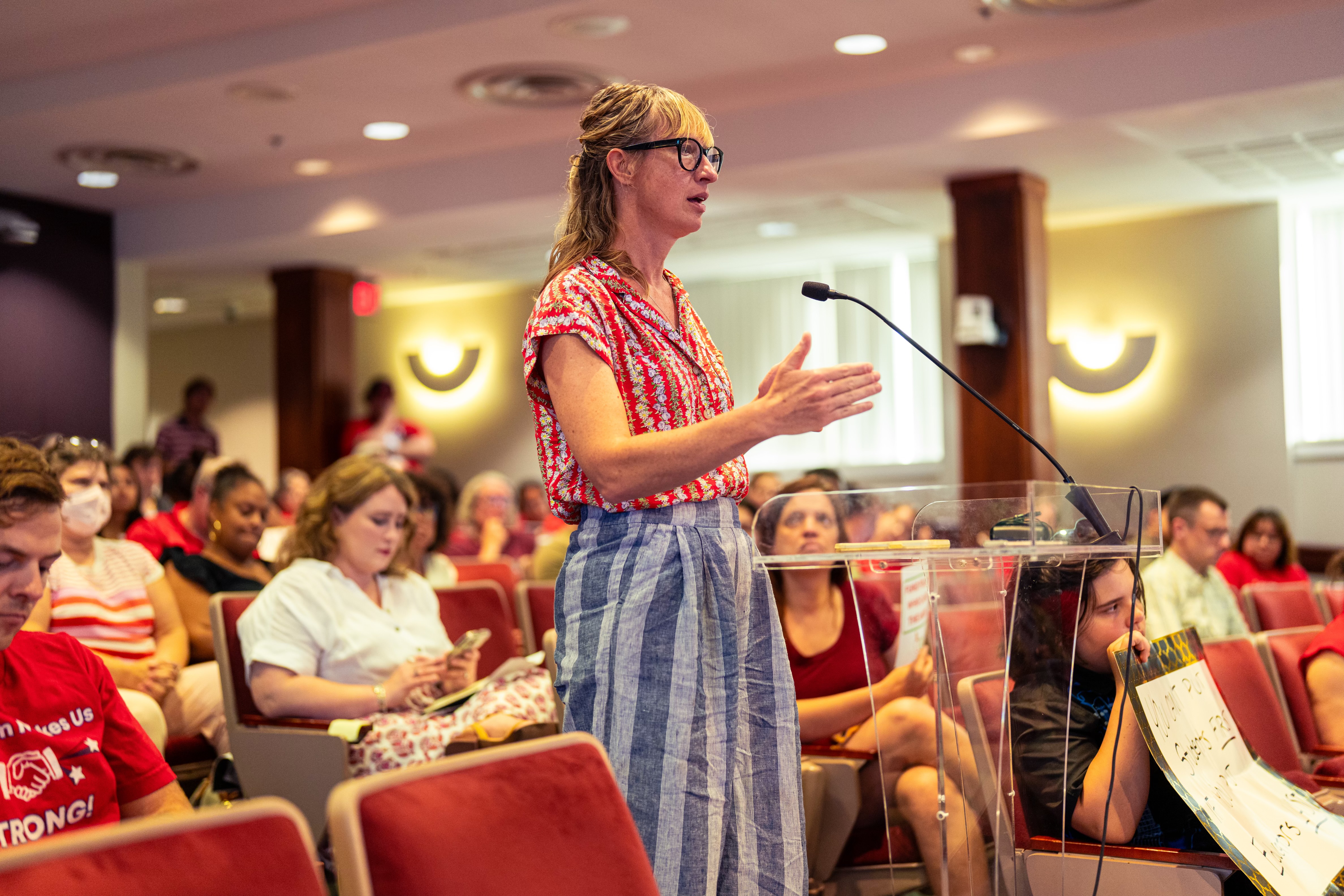 Candice Anderson, teacher and member of the Grand Rapids Education Association, spoke to the board of Grand Rapids Public Schools as teachers prepared to start a new school year without a contract.